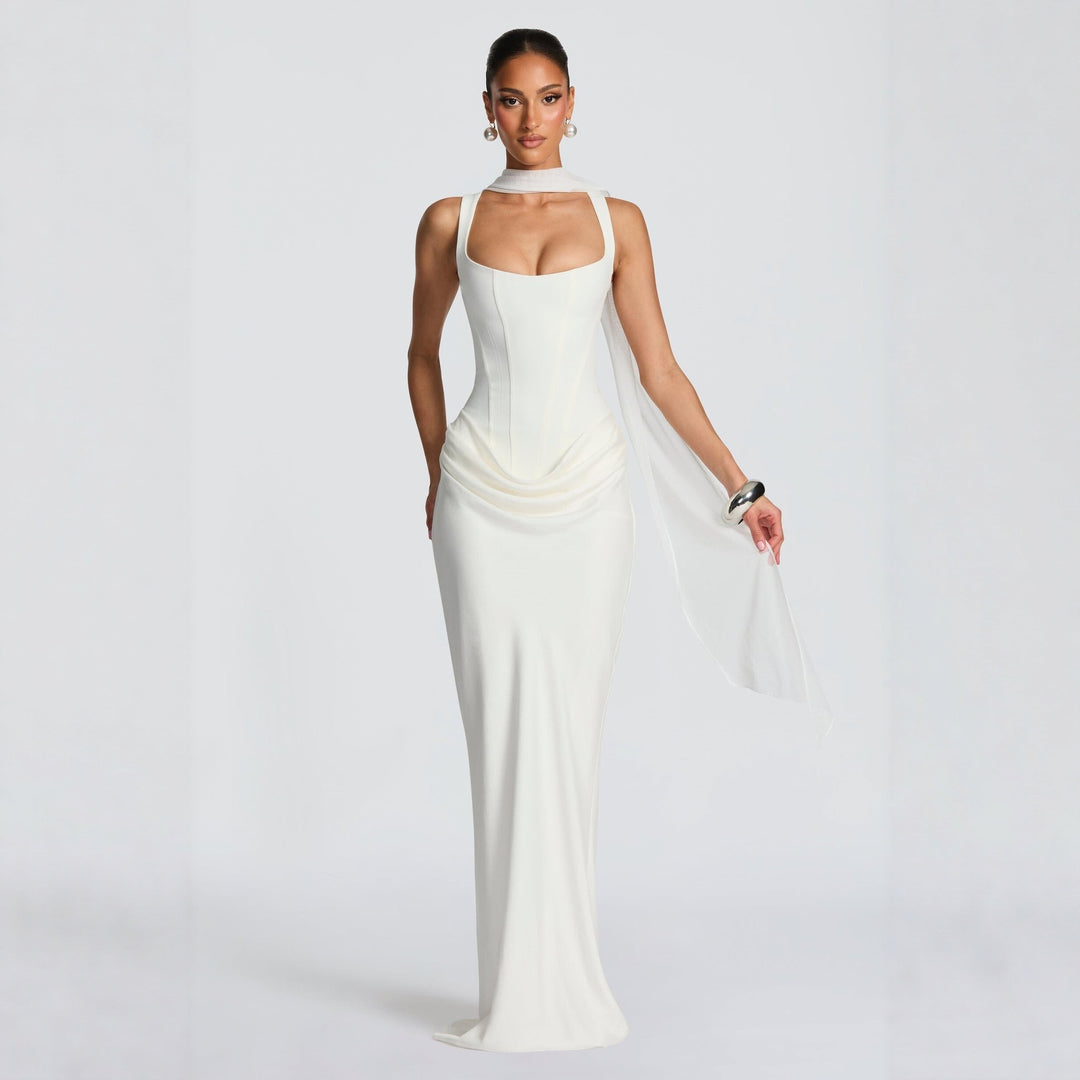 Damen Elegantes Maxikleid mit figurbetonendem Schnitt und raffiniertem Faltenwurf Drune