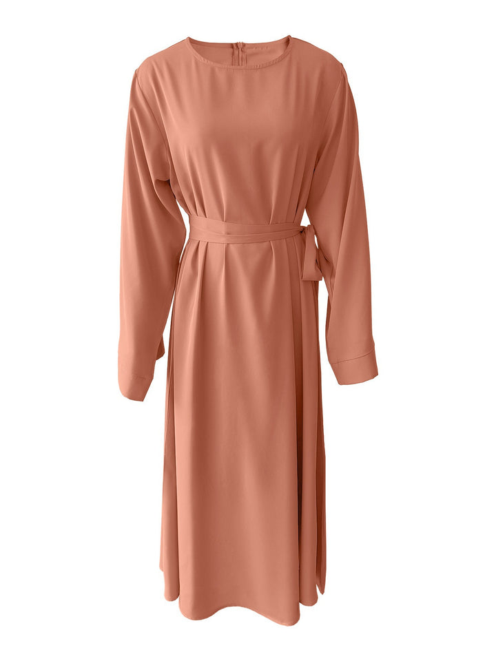 Damen Midi-Kleid mit elegantem Taillengürtel und langen Ärmeln Drune