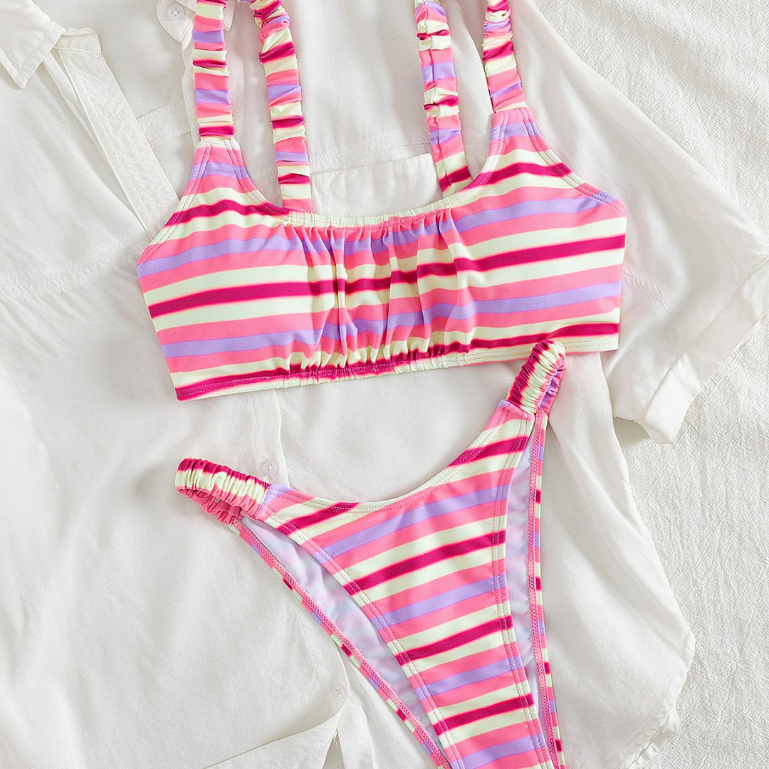 Damen Sportlicher Bikini mit modischem Streifenmuster und elastischem Bund Drune