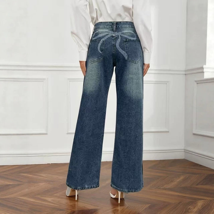Damen nan High‑Waist Flared-Jeans mit weitem Bein, taillierender Bundnaht und dezenter Used-Struktur Drune