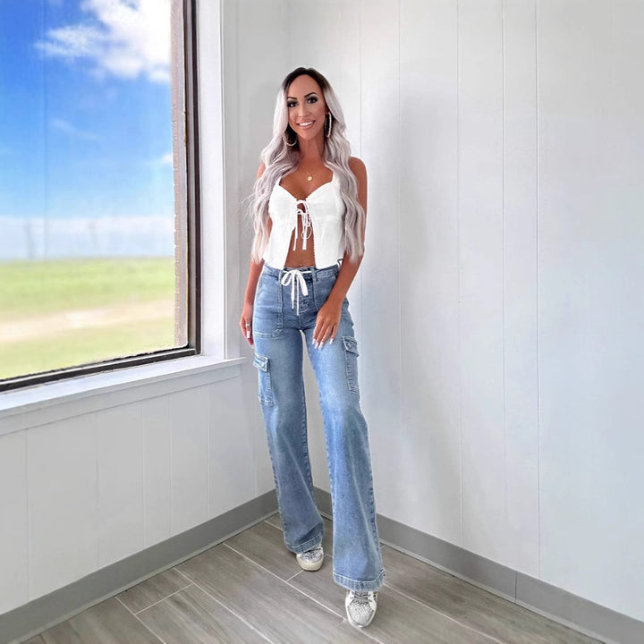 Damen Cargo-Jeans mit weitem Bein und verstellbarem Bund Drune