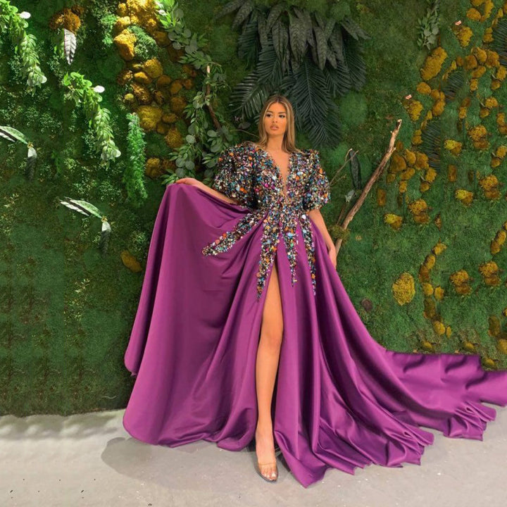 Damen Glamouröses Abendkleid mit voluminösen Puffärmeln und funkelndem Dekolleté Drune