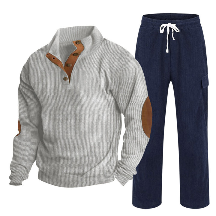 Herren nan Strick-Freizeitset mit Knopfleiste und Ellenbogenaufnähern sowie Cord-Cargohose Drune