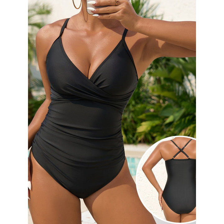 Damen eleganter Einteiler Badeanzug mit modischem Wickeldetail und schickem V-Ausschnitt Drune