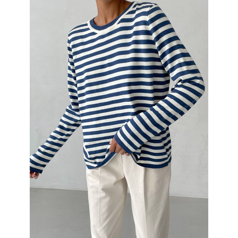 Damen gestreifter Langarm-Sweater mit Rundhalsausschnitt und weitem Schnitt Drune
