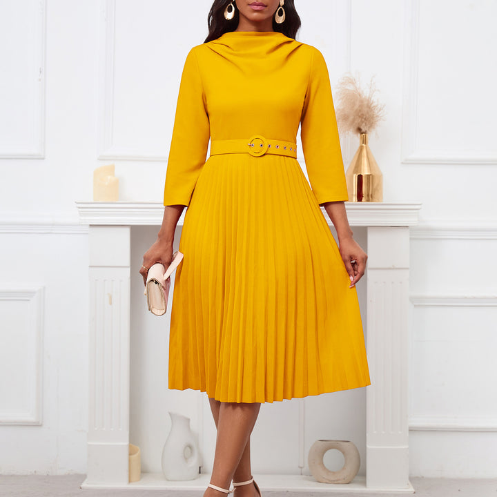 Damen Midikleid mit elegantem Plisseedesign und tailliertem Gürtel Drune