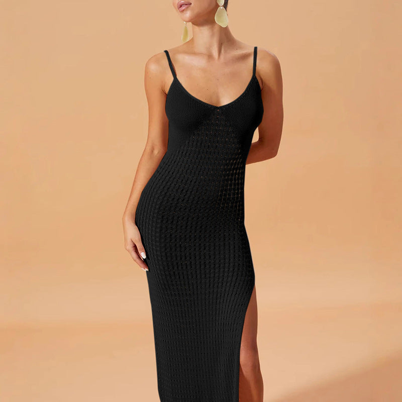Damen luftiges Strick-Maxikleid mit verführerischen Seitenschlitzen Drune