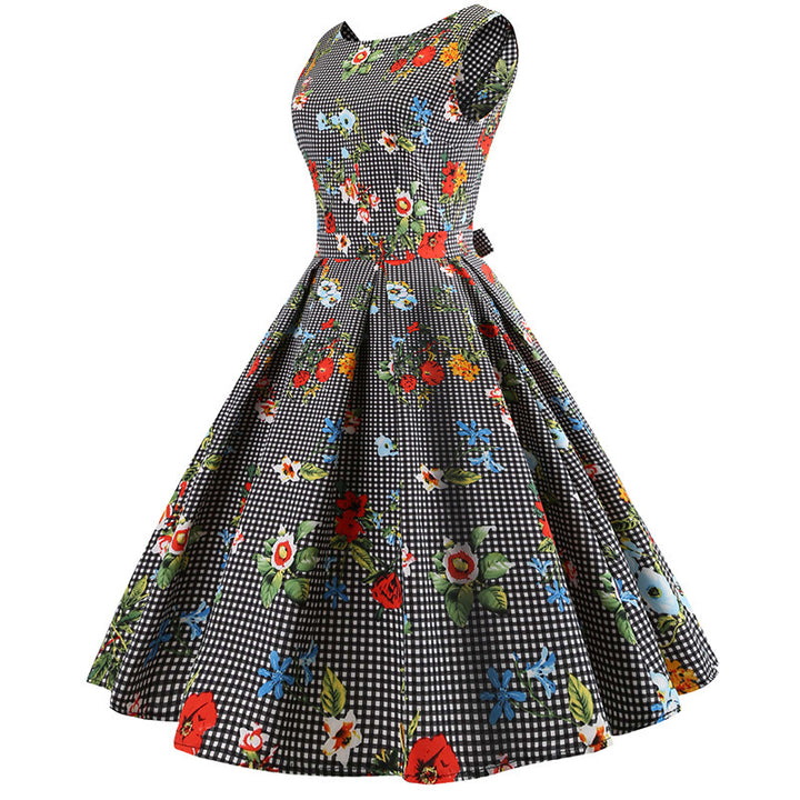 Damen Retro A-Linien Kleid mit floralen Akzenten und klassischem Karodesign Drune