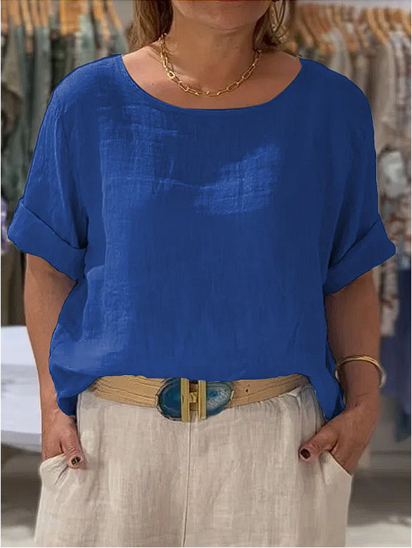 Damen lässige Leinenbluse mit umschlagbaren Ärmeln und weitem Schnitt Drune