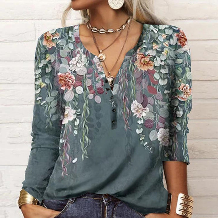 Damen Langarmshirt mit detailliertem Druck und Knopfleiste Drune