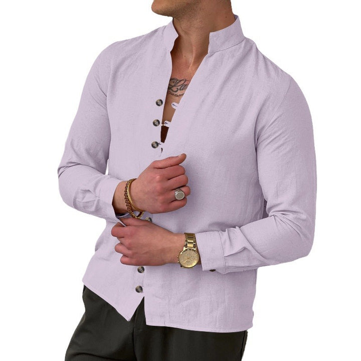 Herren nan elegantes Langarm-Leinenhemd mit Stehkragen asymmetrischer Knopfleiste und schmaler Passform Drune
