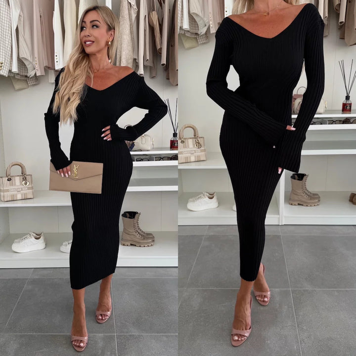 Damen elegantes, figurbetontes Strickkleid mit V-Ausschnitt Drune