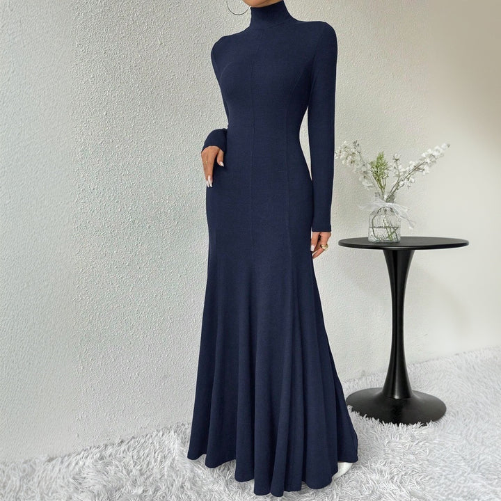 Damen elegantes Langarm-Maxi-Kleid mit hohem Kragen und schwingendem Saum Drune