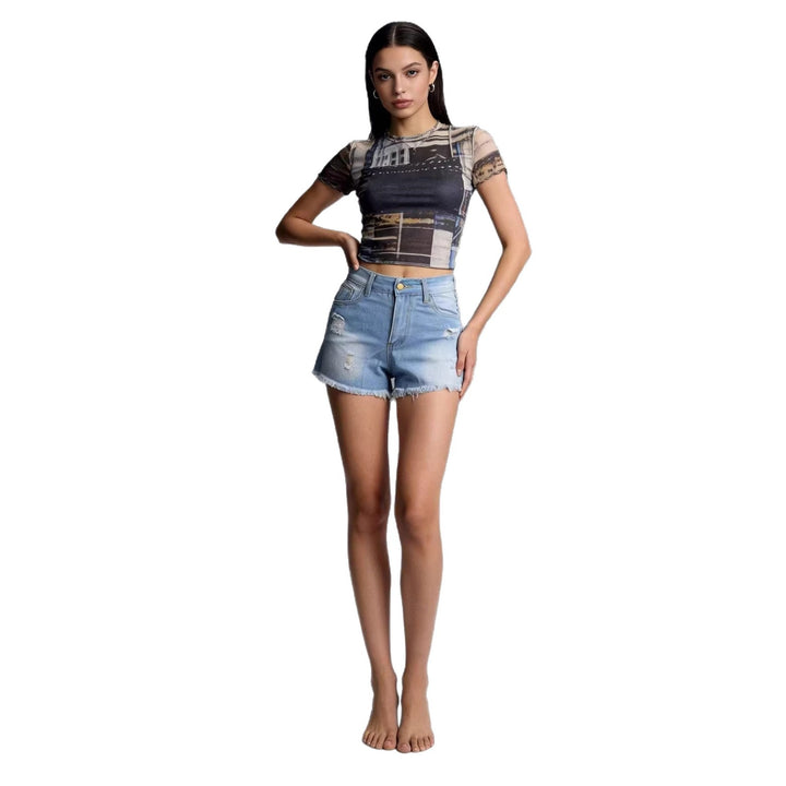 Damen Crop Top und High-Waist Jeans-Shorts Drune