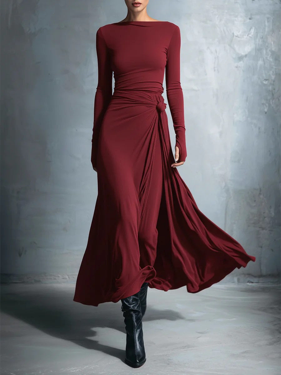 Damen elegantes Abendkleid mit langem Arm und Wickeldesign Drune
