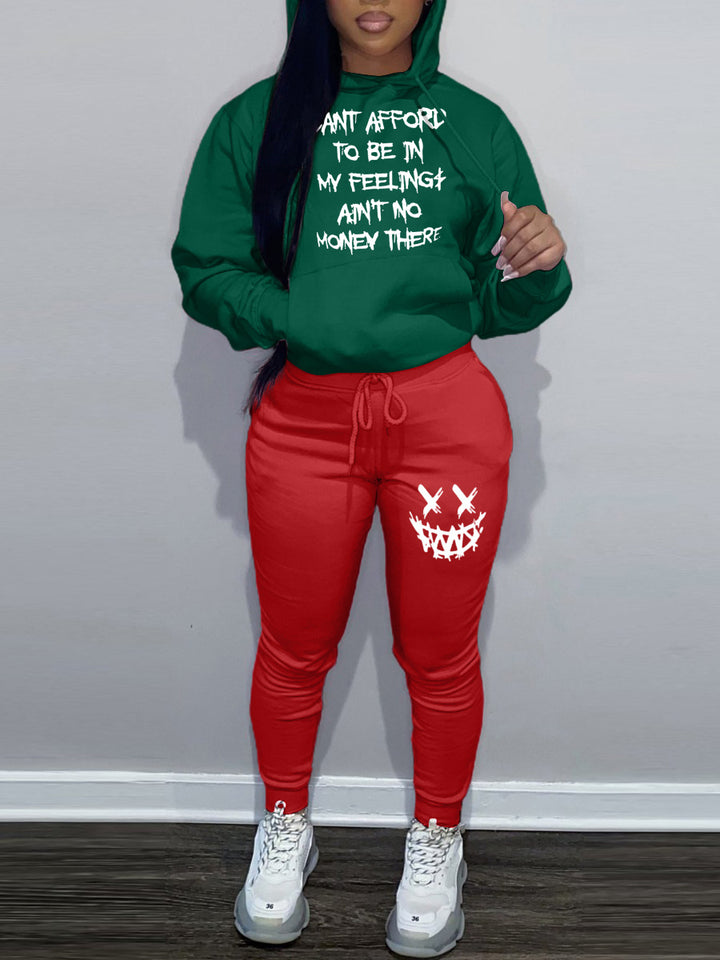 Damen lässiges Hoodie und Jogginghose Set mit einzigartigem Schriftzug und kreativen Motiven Drune