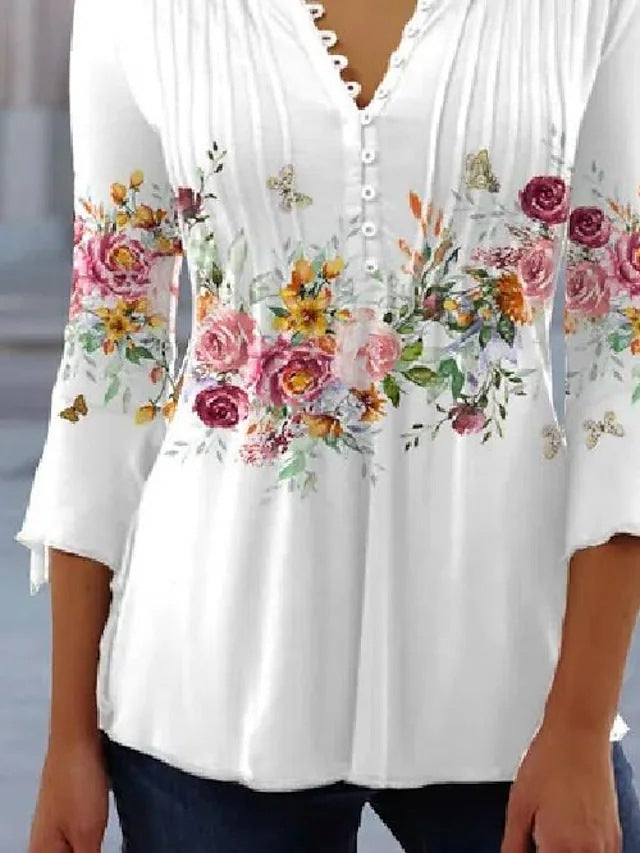 Damen Bluse mit floralem Print und Knopfdetail Drune