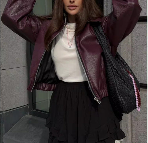 Damen Lässige Lederjacke im sportlichen Stil mit elastischem Bund Drune