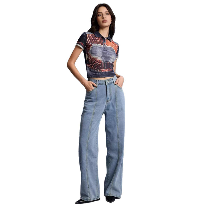 Damen Hoch taillierte weite Jeans mit raffinierten Nahtdetails Drune