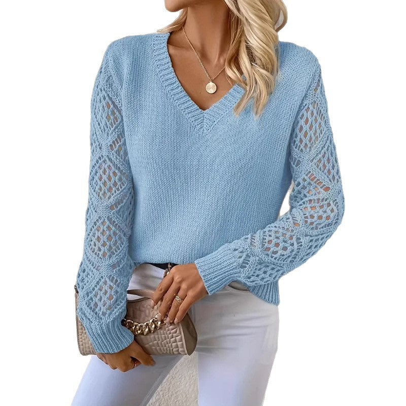 Damen Strickpullover mit raffinierten Häkelärmeln und V-Ausschnitt Drune