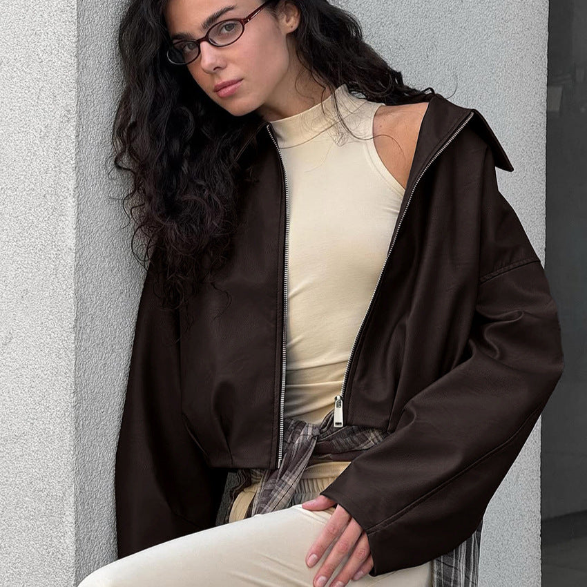 Damen modische cropped Lederjacke mit voluminösen Ärmeln Drune