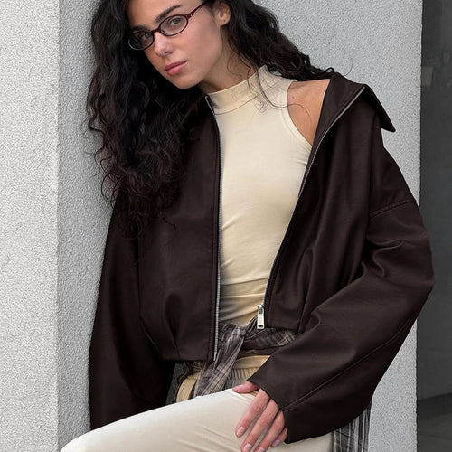 Damen modische cropped Lederjacke mit voluminösen Ärmeln Drune