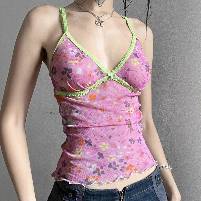 Damen gerafftes Spaghetti-Top mit floralem Muster und feinen Spitzenakzenten Drune