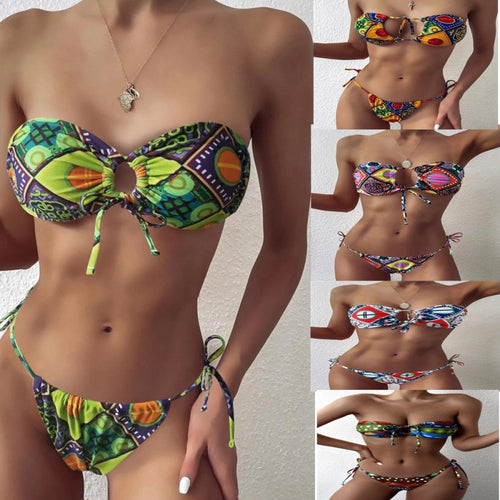 Damen Bandeau-Bikini mit aufregendem Mustermix und verstellbaren Trägern Drune