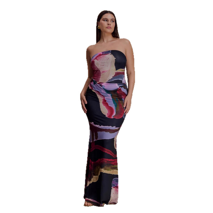 Damen Strapless Maxikleid mit fließendem Stoff und kunstvollem Druck Drune