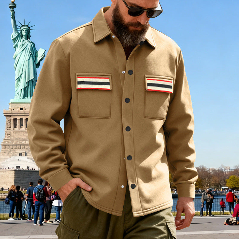 Herren nan Overshirt aus gewalktem Sweat mit aufgesetzten Brusttaschen und Retro-Streifen Drune