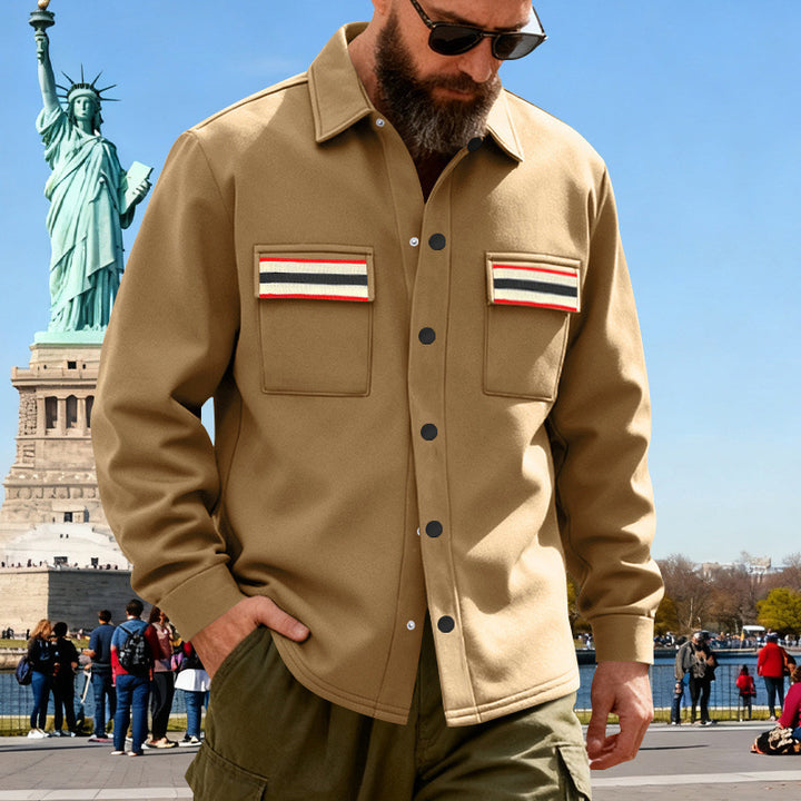 Herren nan Overshirt aus gewalktem Sweat mit aufgesetzten Brusttaschen und Retro-Streifen Drune
