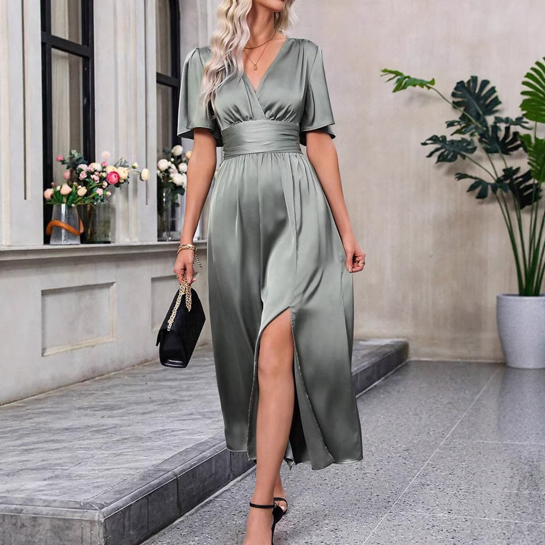 Damen Maxikleid mit elegantem V-Ausschnitt und fließenden Ärmeln Drune
