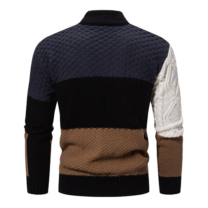 Herren nan strukturierter Patchwork-Strickpullover mit hohem Stehkragen und kombinierten Strickmustern Drune