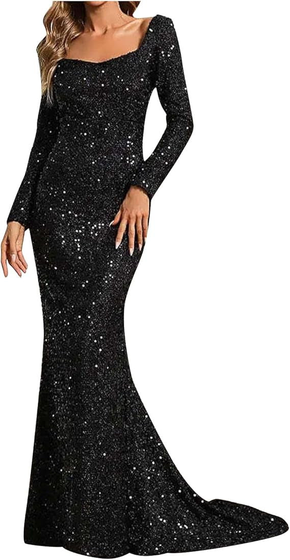Damen Glamouröses Glitzer-Abendkleid mit schwingendem Rock und voluminösen Ärmeln Drune