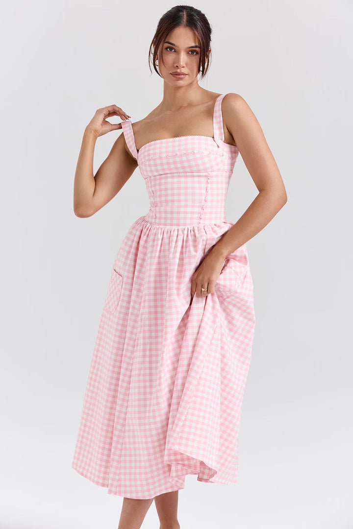 Damen Midikleid im klassischen Karomuster mit elastischem Oberteil und praktischen Taschen Drune