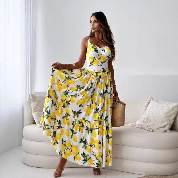 Damen Zitronenprint Maxikleid Drune