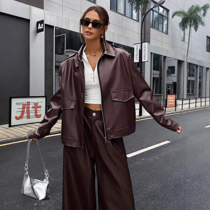 Damen modische Kunstlederjacke im Oversized-Stil Drune