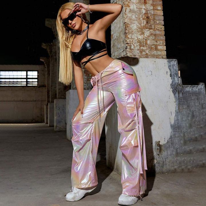 Damen Modische weite Cargo-Hose mit Glanz Effekt Drune