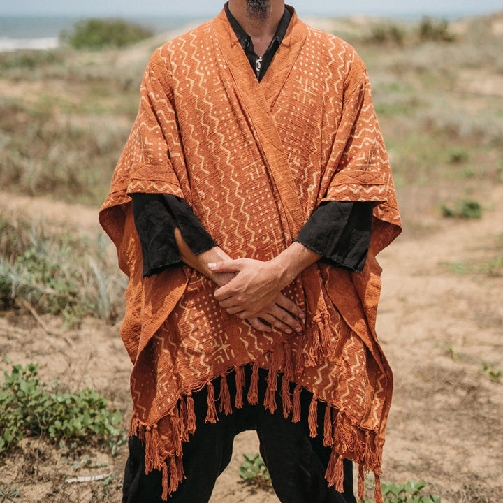 Herren lässiger Poncho mit einzigartigem Mustermix und Fransen Drune