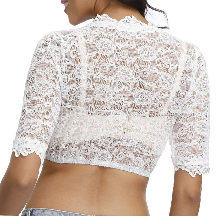 Damen nan spitzenbesetzte Kurzbluse mit V-Ausschnitt und halblangen Ärmeln Drune