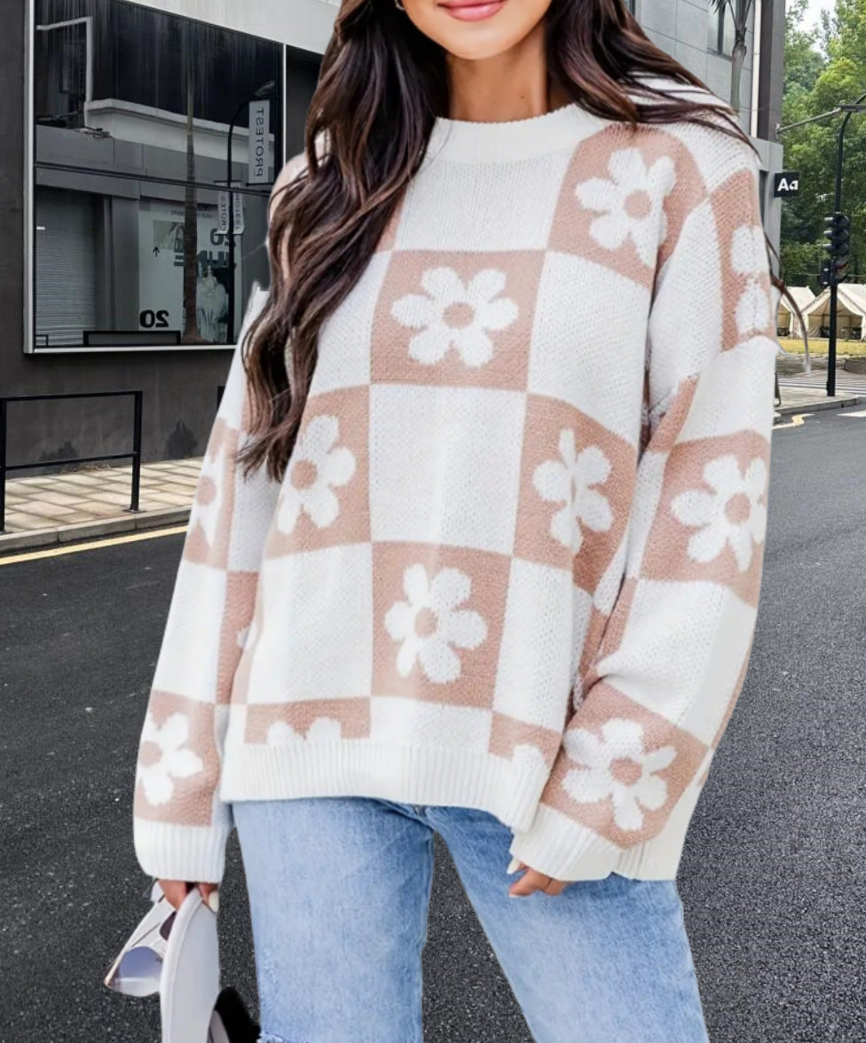 Damen Oversized Strickpullover mit floralem Muster und lässigem Schnitt Drune