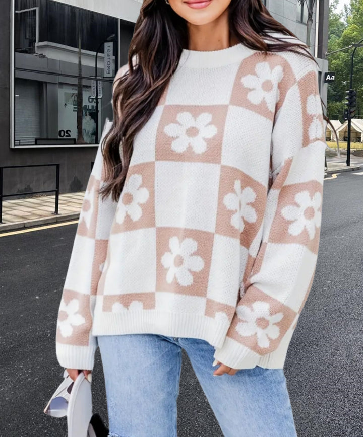 Damen Oversized Strickpullover mit floralem Muster und lässigem Schnitt Drune