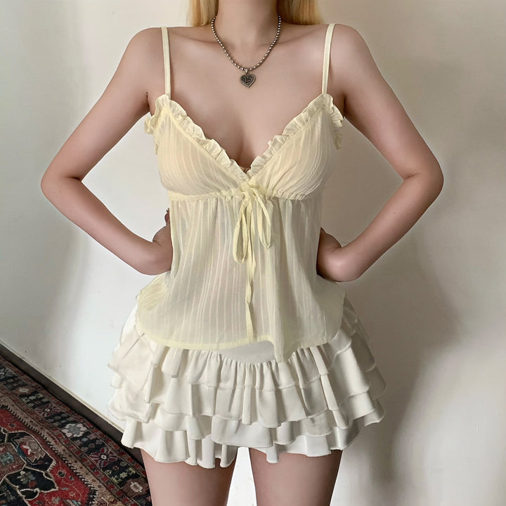 Damen leichtes Spaghetti-Trägertop mit verspieltem Rüschendesign und verstellbarem Bund Drune