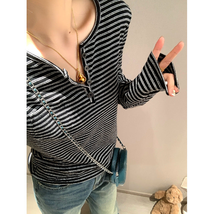 Damen Langarmshirt mit ausgefallenem Knopfdesign und Streifenmuster Drune