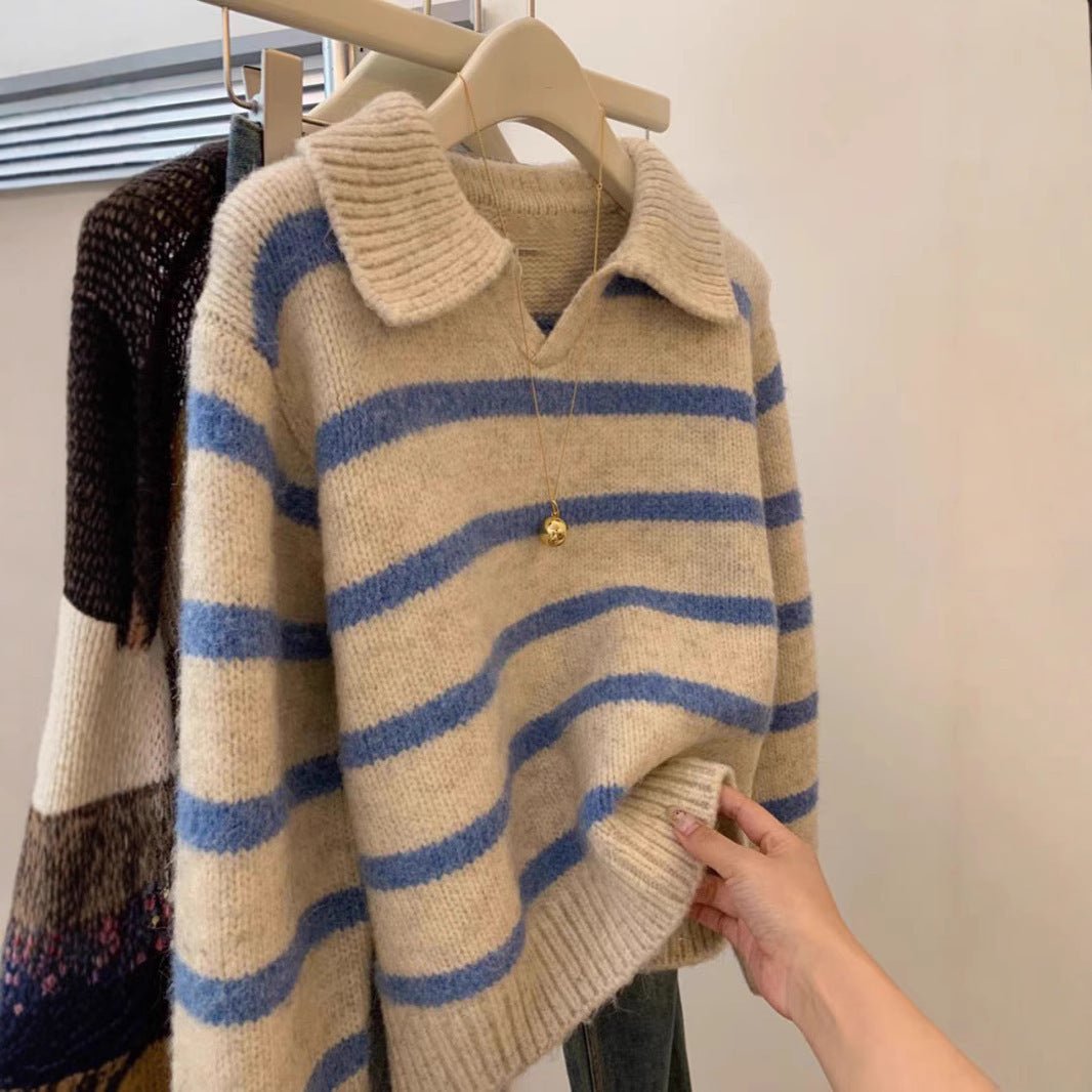 Damen Strickpullover mit V-Ausschnitt und strukturiertem Streifenmuster Drune