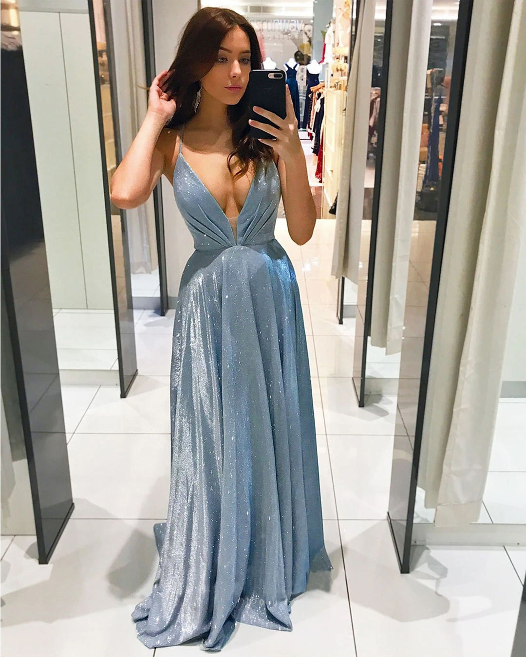 Damen Glamouröses Abendkleid mit tiefem V-Ausschnitt und fließendem Rock Drune