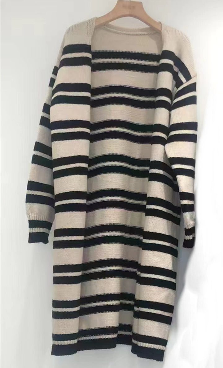 Damen Langer Strickcardigan mit gestreiftem Design und offenen Fronten Drune