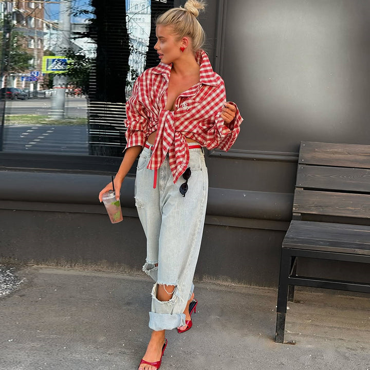 Damen Oversize-Karohemd mit knotenförmigem Detail Drune