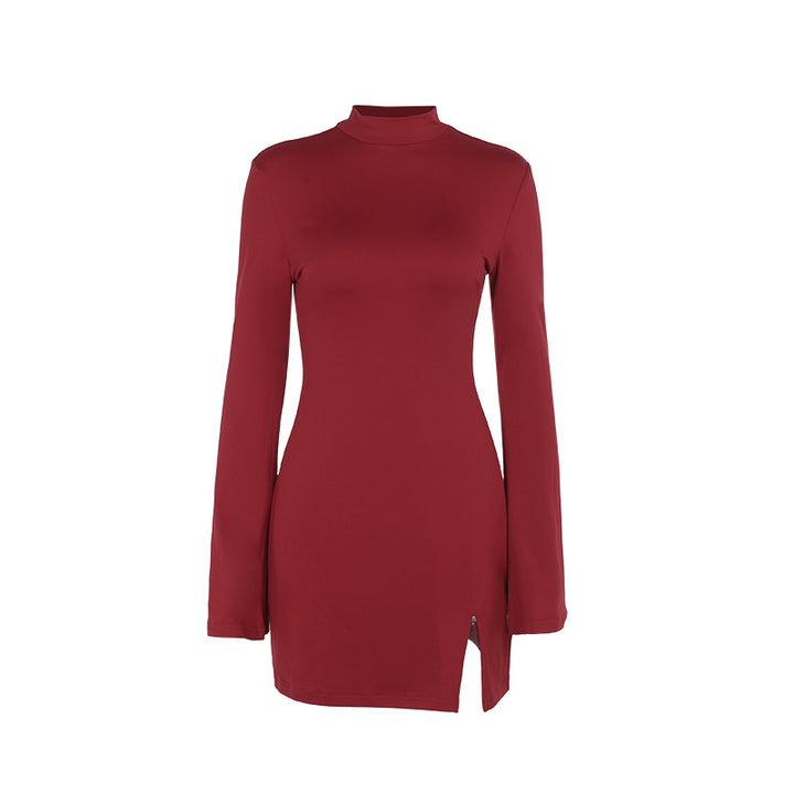 Damen elegantes figurbetontes Minikleid mit langen Ärmeln und Schlitz Drune