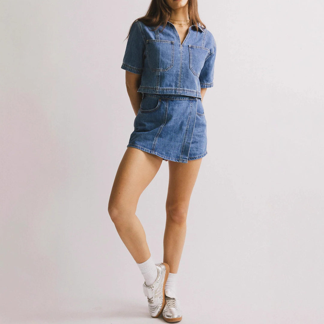 Damen lässiges Denim-Kurzjacken-Set mit passendem Rock Drune